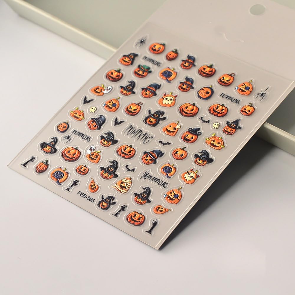 Halloween Nail Art Stickers 5D Embossed Pumpkin Bat Nail Stickers, Self-Adhesive Durable Nail Art Decals for Women Girls, Nail Wraps Decoration Manicure for DIY Acrylic Nail Accessories