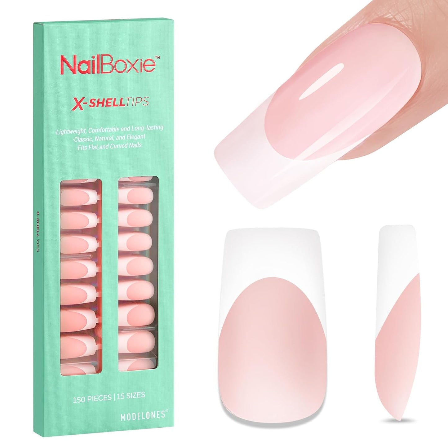 modelones French Tip Press on Nails, 150Pcs Long Square Fake Nails with Nail Box, Pink & White Gel Nail Tips for Women, Soft Glue-On Nails for Natural Salon Look, DIY Nail Art Kit (15 Sizes)