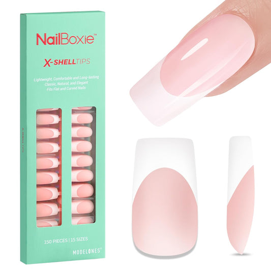 modelones French Tip Press on Nails, 150Pcs Long Square Fake Nails with Nail Box, Pink & White Gel Nail Tips for Women, Soft Glue-On Nails for Natural Salon Look, DIY Nail Art Kit (15 Sizes)