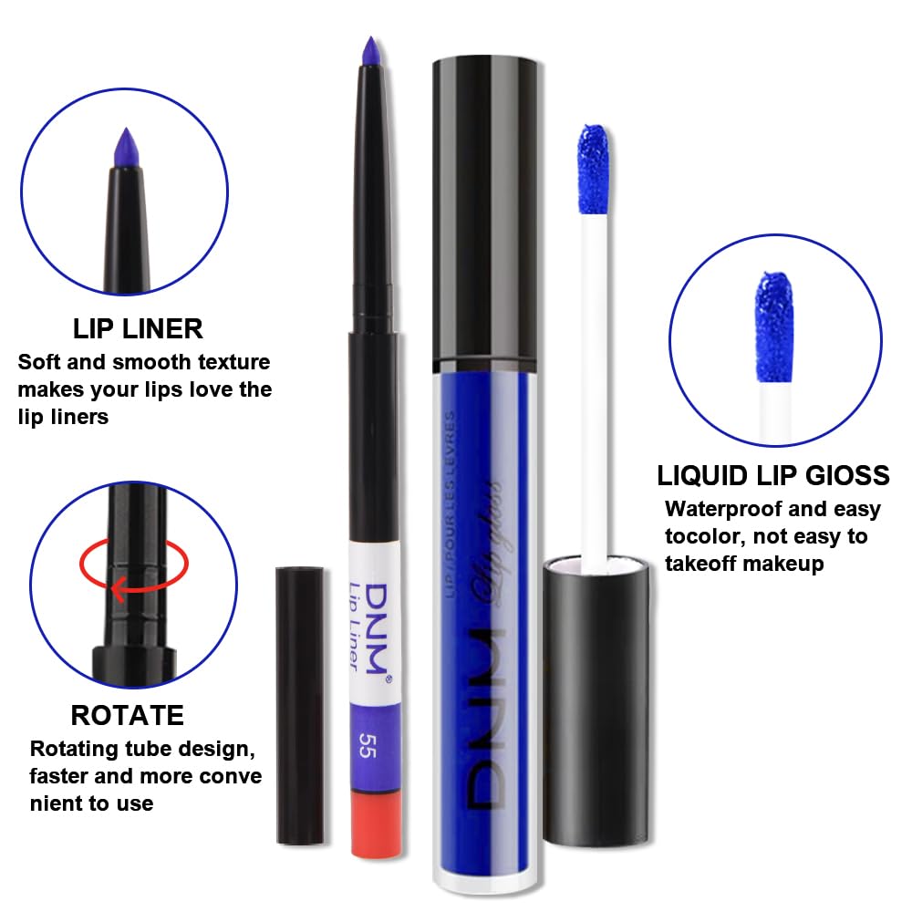 evpct 2Pcs Dark Royal Blue Matte Liquid Lipstick Lip Gloss Stain and Retractable Lip Liner Makeup Set for Women Long Lasting Waterproof 24 Hours Lipstick labial mate larga duracion 24 55#