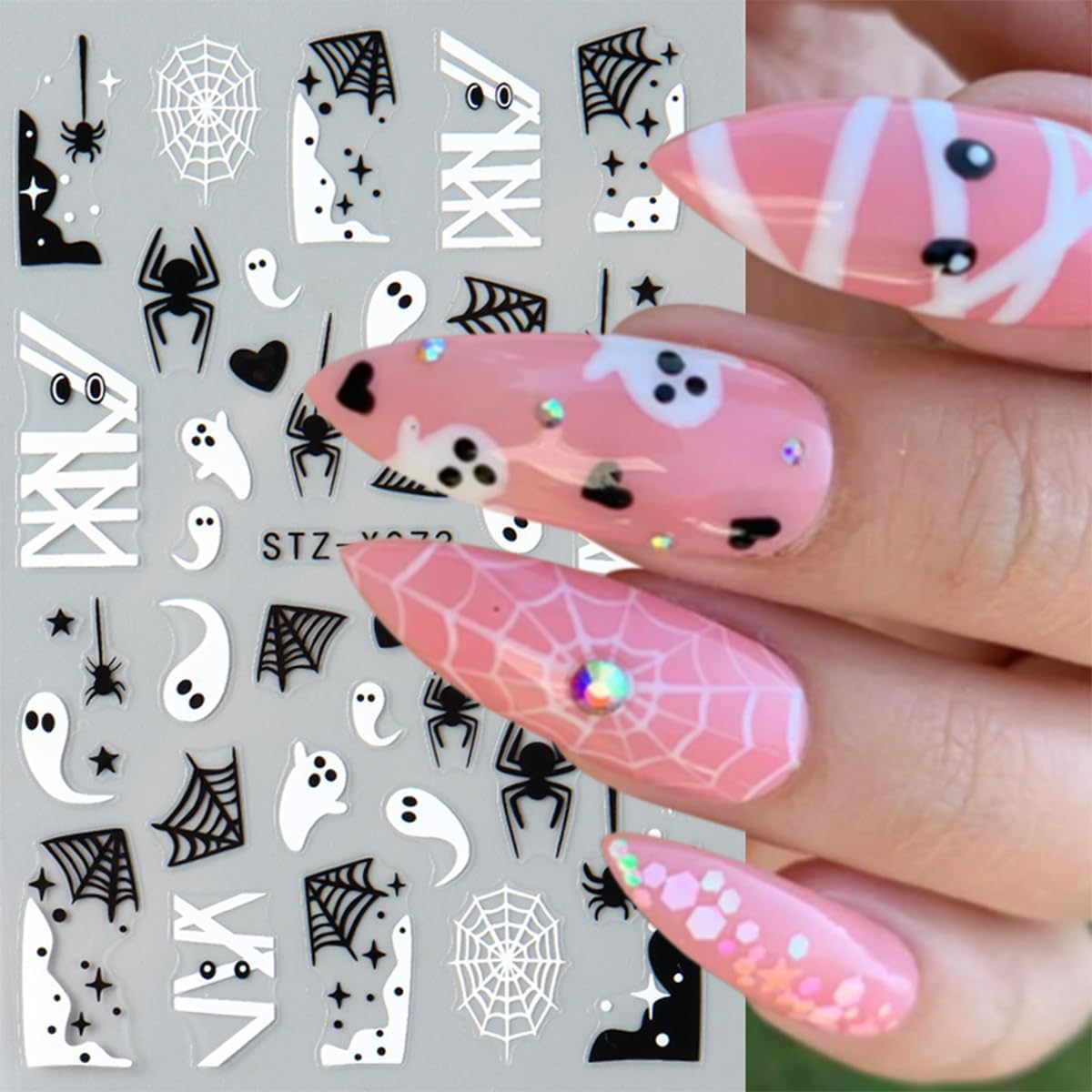 Halloween Nail Stickers 3D Self Adhesive Nail Art Stickers Ghost Nail Decals Spider Web French Tips Heart Flame Black White Design Spider Nails Sticker for Nails Art for Women DIY Manicure 6 Sheets
