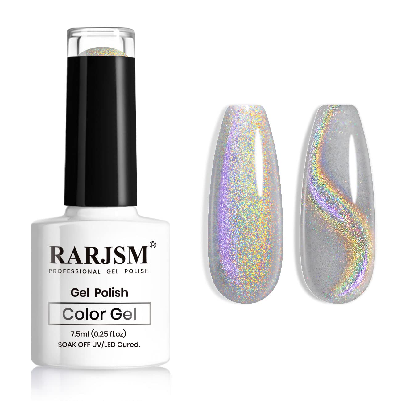 RARJSM Silver Holographic Glitter Gel Cat Eye Gel Nail Polish, Gelpolish Galaxy Rainbow Effect Universal Without Magnet Soak Off U V L E D DIY Manicure Art for Salon Designs and Home DIY 7.5ML