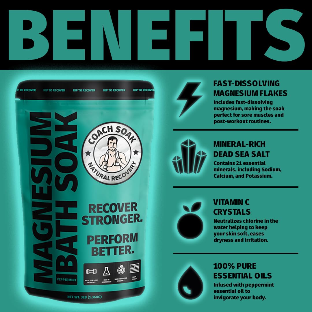 Coach Soak Recovery Bath Soak & Cream - Alternative to Epsom Salt Bath Soak - Fast-Absorbing Pure Magnesium Flakes with 21 Minerals, Bath Salts & Essential Oils - 2 Pack - Cooling Peppermint