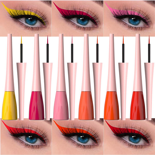evpct 6Pcs Yellow Red Pink Tomato OrangeRed Brown Liquid Eyeliner Set Waterproof Eye Liners for Women, Eyes Wing Colored Eyeliner delineador de ojos a prueba de agua contra el agua blanco para ojos
