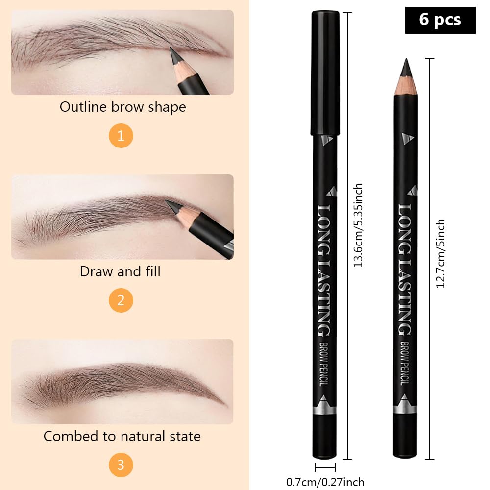 6Pcs Eyebrow Pencils for Women, Wooden Hard-Core Eyebrow Pencil, Eyebrow and Eyeliner Pencils, Waterproof and Sweat-Proof (3Pcs Dark brown+2Pcs medium brown+1Pcs Black)