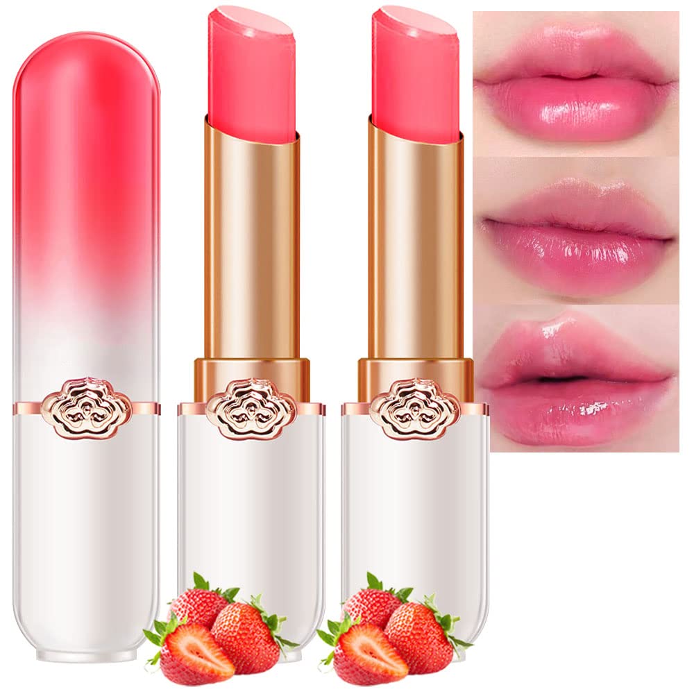 evpct 2Pcs Strawberry Tinted Lip Balms PH Lip Color Changing Lipstick Balm Stain Gift Set Queen for Women Girls Korean Mood Long Lasting Color Change Light Pink Lipstick Lip Tint Plumper Gloss
