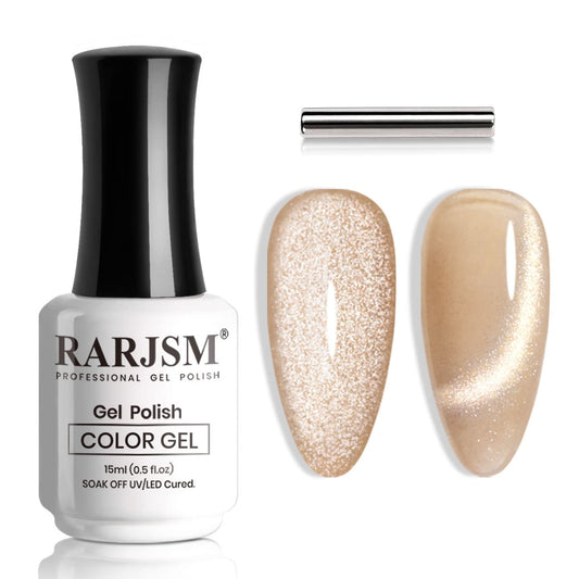 RARJSM Cat Eye Gel Polish 9D Cateye Silver Glitter Champagne Gold Galaxy Universal Velvet Effect Ice Gel Nail Polish Single Bottle with Magnetic Stick UV LED Curing Require Soak Off Home Salon 15ml