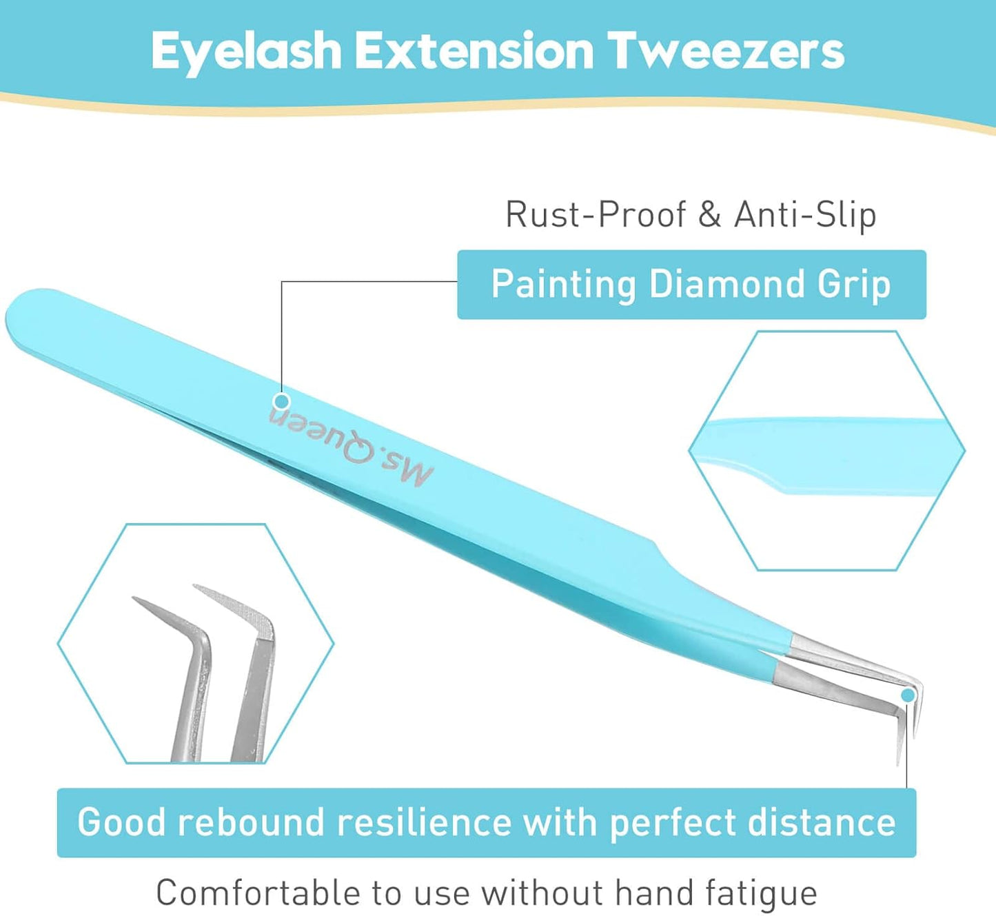 Ms.Queen Lash Tweezers for Eyelash Extensions, Precision Fiber Tip 90 Degree Tweezers for Mega Volume Lashes Extensions, Blue