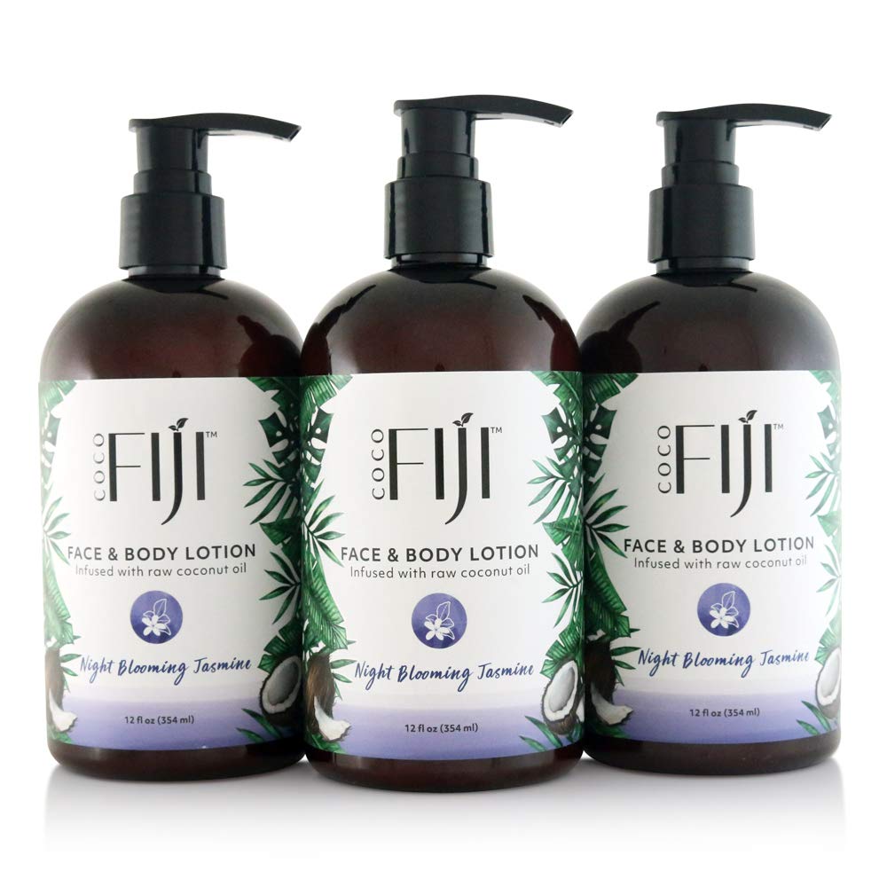 Coco Fiji Face & Body Lotion Infused With Coconut Oil | Lotion for Dry Skin | Moisturizer Face Cream & Massage Lotion for Women & Men | Night Blooming Jasmine 12 oz, Pack of 3