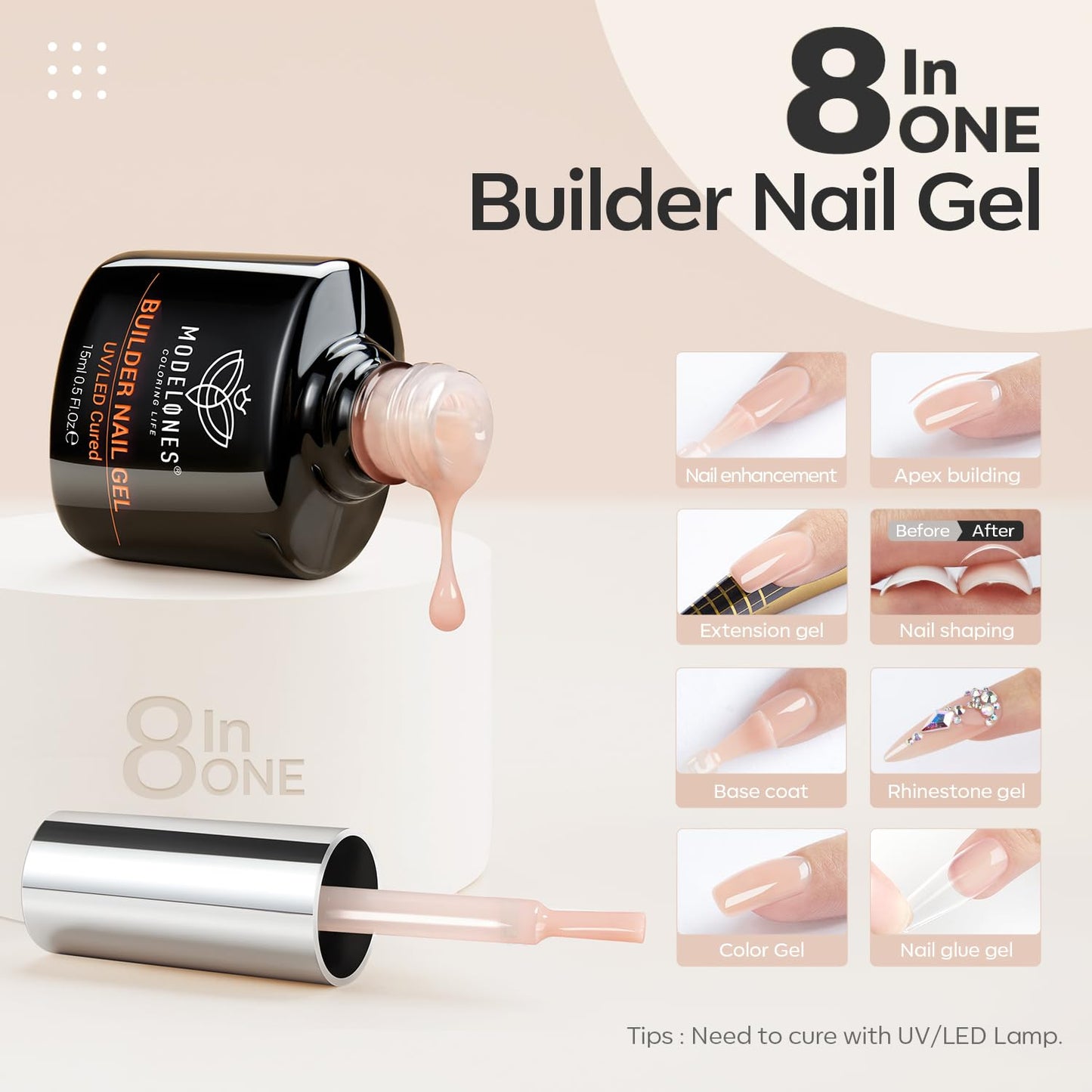 modelones 8-in-One Builder Nail Gel, Neutral Nude Builder for Thickening, LED Lamp Cured Hard Strengthener Extension Color Base Rhinestone Glue Gel Polish in a Bottle for DIY Home Salon