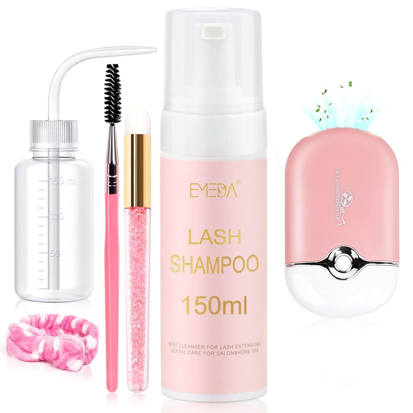 EMEDA Lash Shampoo for Lash Extensions Lash Cleaning Kit 150ml with Lash Fan Dryer Lash Extension Cleanser Oil Free Foam Soap Lash Bath with Rinse Bottle, Brush, Hair Band