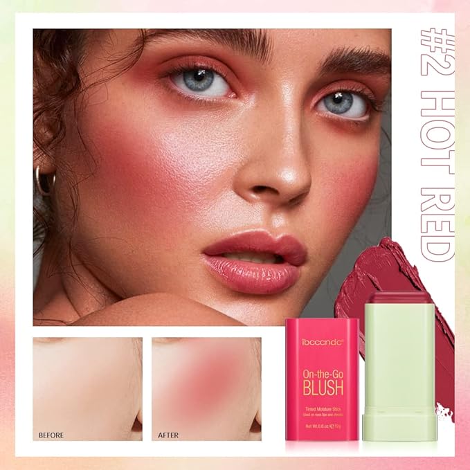 Soft Creamy Blush Stick, Multi-use Makeup Blush Stick for Cheeks and Lips Tint, Waterproof Solid Moisturizer Stick, Natural Smooth Blendable Matte Finish Face Blush Makeup,02 Hot Red