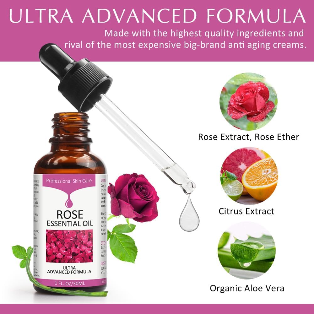 Rose Essential Oil, Face Moisturizer Oil, Face Essential Oils for Women, Rose Oil for Face, Skin Care, 1 FL.OZ (30ml)