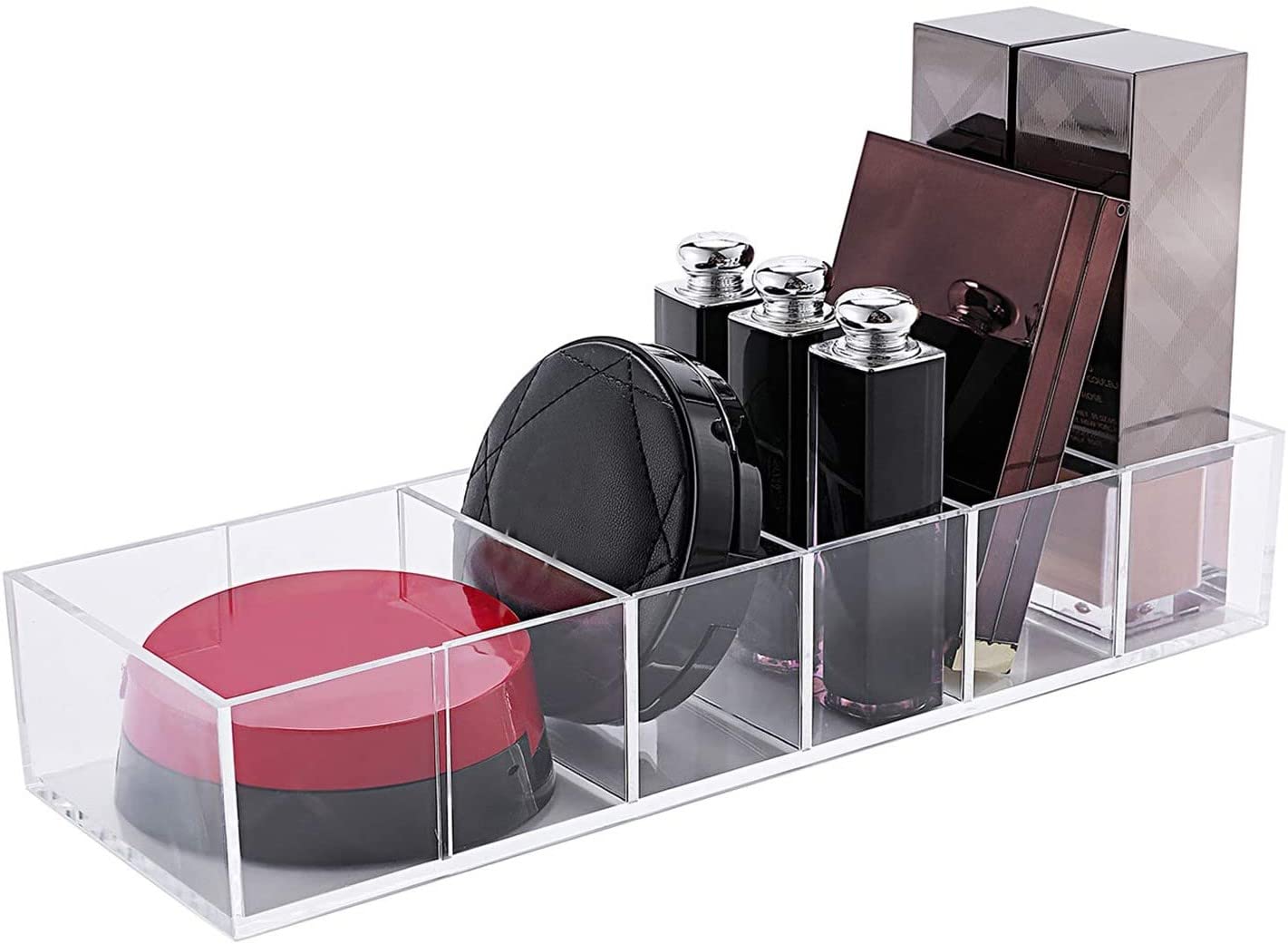Acrylic Makeup Organizer Cosmetic Storage Makeup Display Case Lipstick Holder Dispenser Adjustable Canister Bathroom Container (10 x 3.4 x 1.9 inches, 6 Partitions, Transparent)