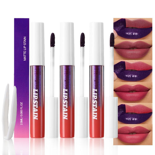 evpct 3Pcs Maroon Mauve Vivid Red Peel Off Lip Stain Tints, Matte Liquid Lipstick Lip Stain Long Lasting Waterproof for Women, Longwear Lipstick Peel Off Highly Pigmented Smudge-proof Easy to Apply