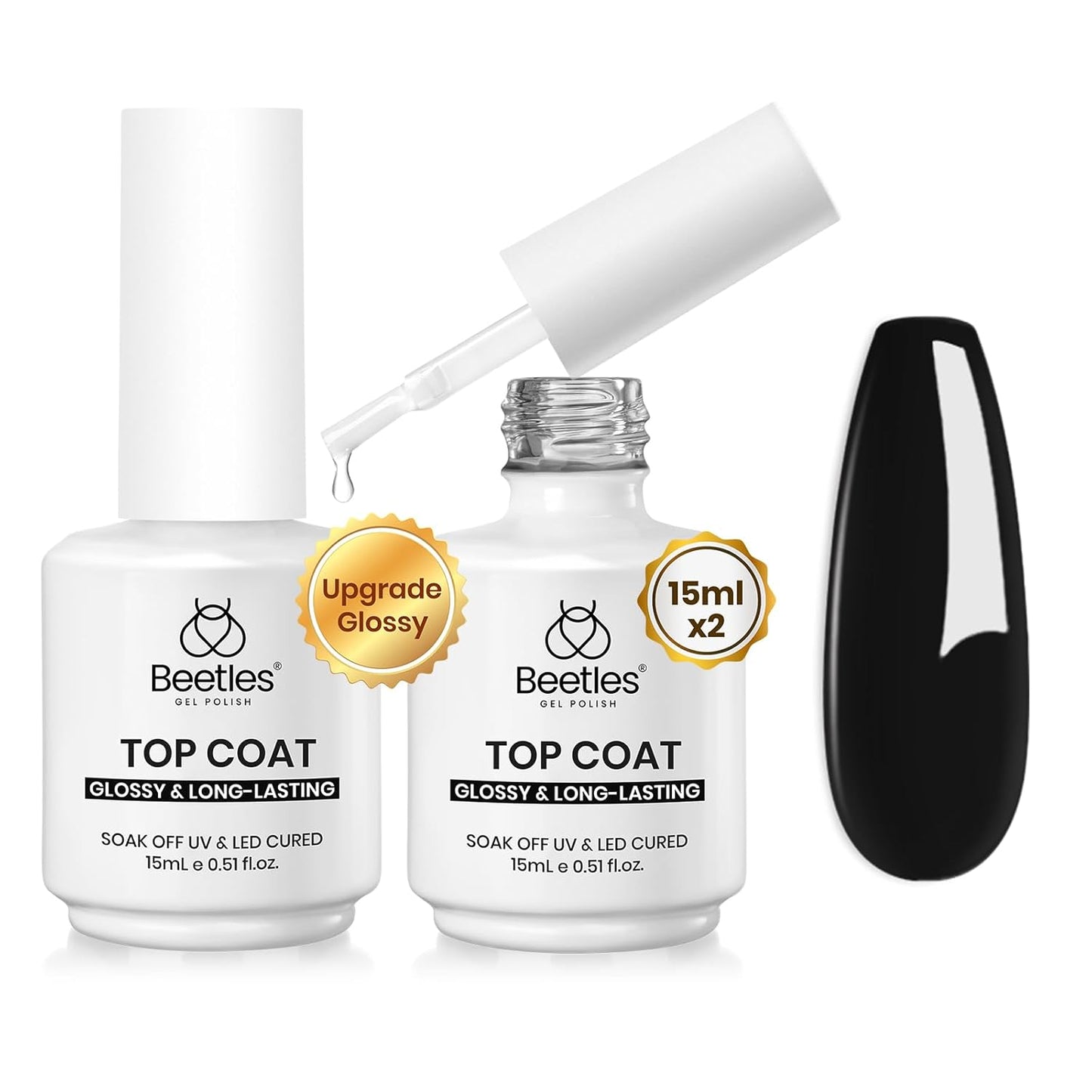 Beetles Extra Glossy No Wipe Gel Top Coat, 2 Pcs 15ml Super Shiny Clear Glossy Top Coat Gel Nail Polish, Soak Off Uv Nail Lamp Nail Salon Manicure DIY Home Gifts for Women