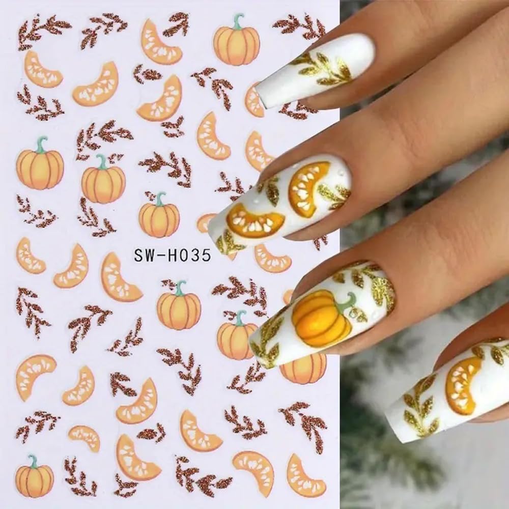 Fall Nail Stickers Maple Leaf Pumpkin Nail Art Decals Autumn Glitter Leaves Pine Nut Pumpkin Nails Design Self-Adhesive Nail Art Supplies Thanksgiving Gold Yellow Maple Leaf Stickers for Nails DIY