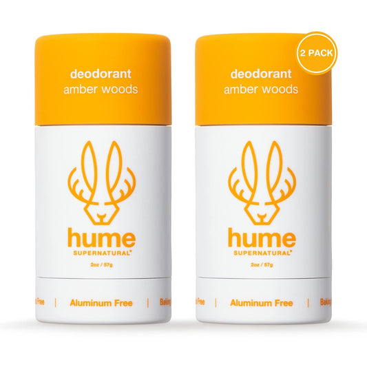 Hume Supernatural Aluminum Free Deodorant for Women & Men - Safe for Sensitive Skin - Probiotic, Plant-Based, Baking Soda Free, Aloe, & Cactus Flower, Anti Sweat, Stain & Odor - Amber Woods, 2 pack