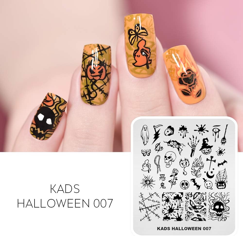 KADS 5pcs Nail Stamp Plates Set Halloween Nails Art Stamping Plate Thrill Pattern Bat Spider Skeleton Pumpkin Lantern Witch