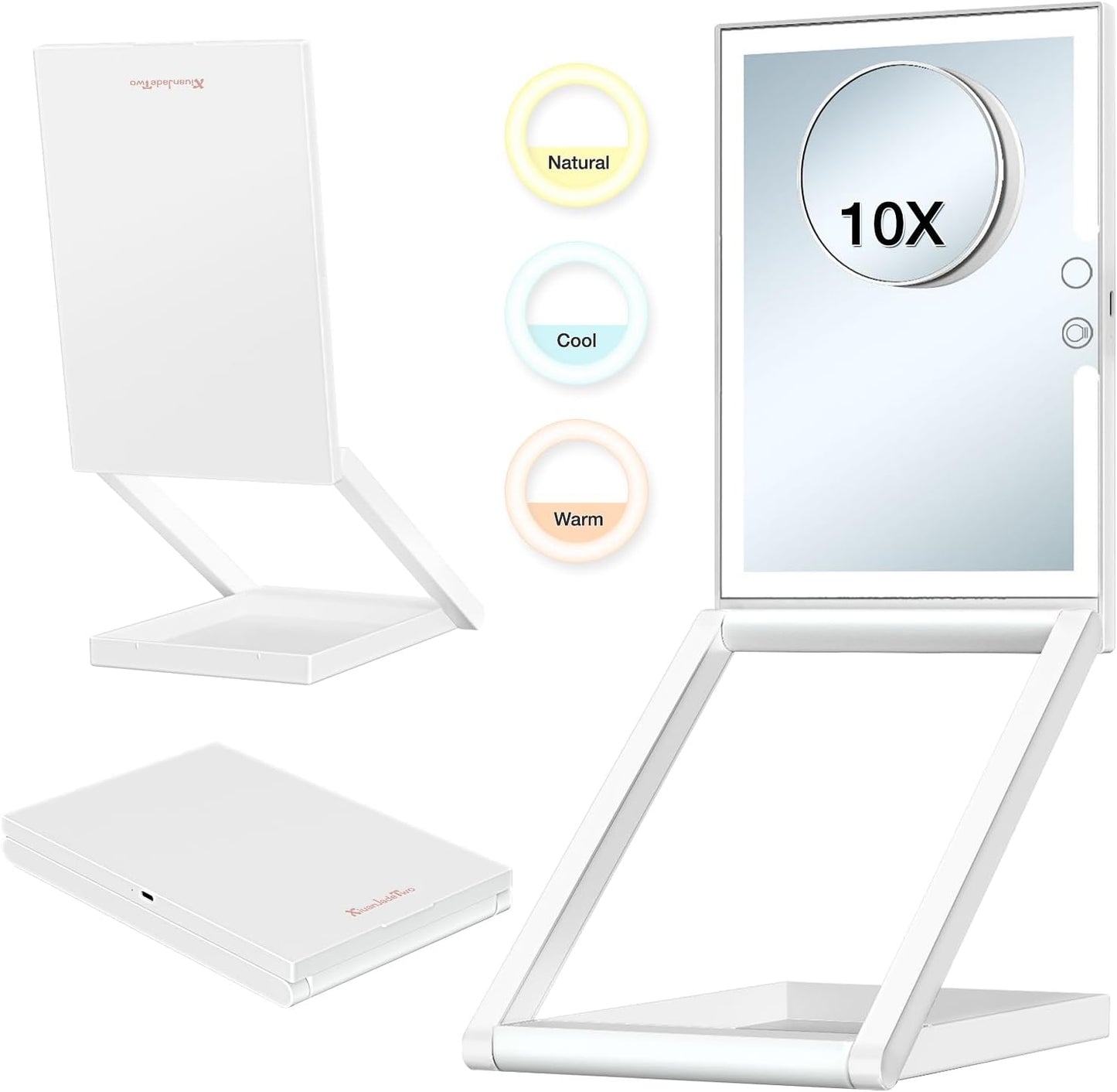 Travel Makeup Mirror with Lights - 3 Color LED, USB Rechargeable, 10X Magnifying, Adjustable Height, 360 Rotation, Compact Folding Touch Screen Smart Cosmetic Mirror