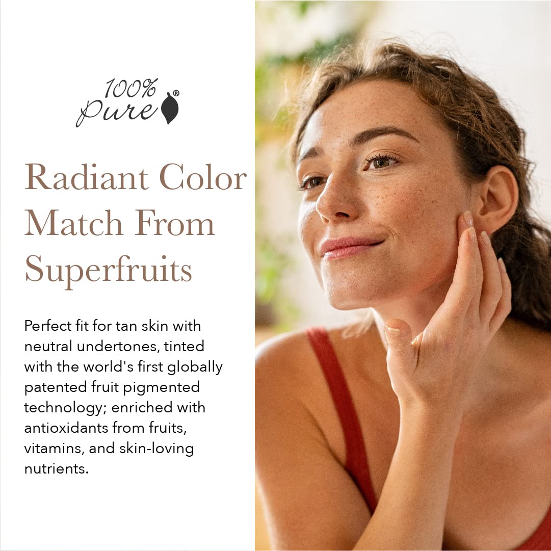 100% PURE Healthy Foundation Full Face Coverage Makeup, Liquid Matte Finish with Anti-Aging Benefits - Vegan Gorgeous Fruit Pigmented Toffee Color (Tan with Neutral Undertone) - 1 Fl Oz