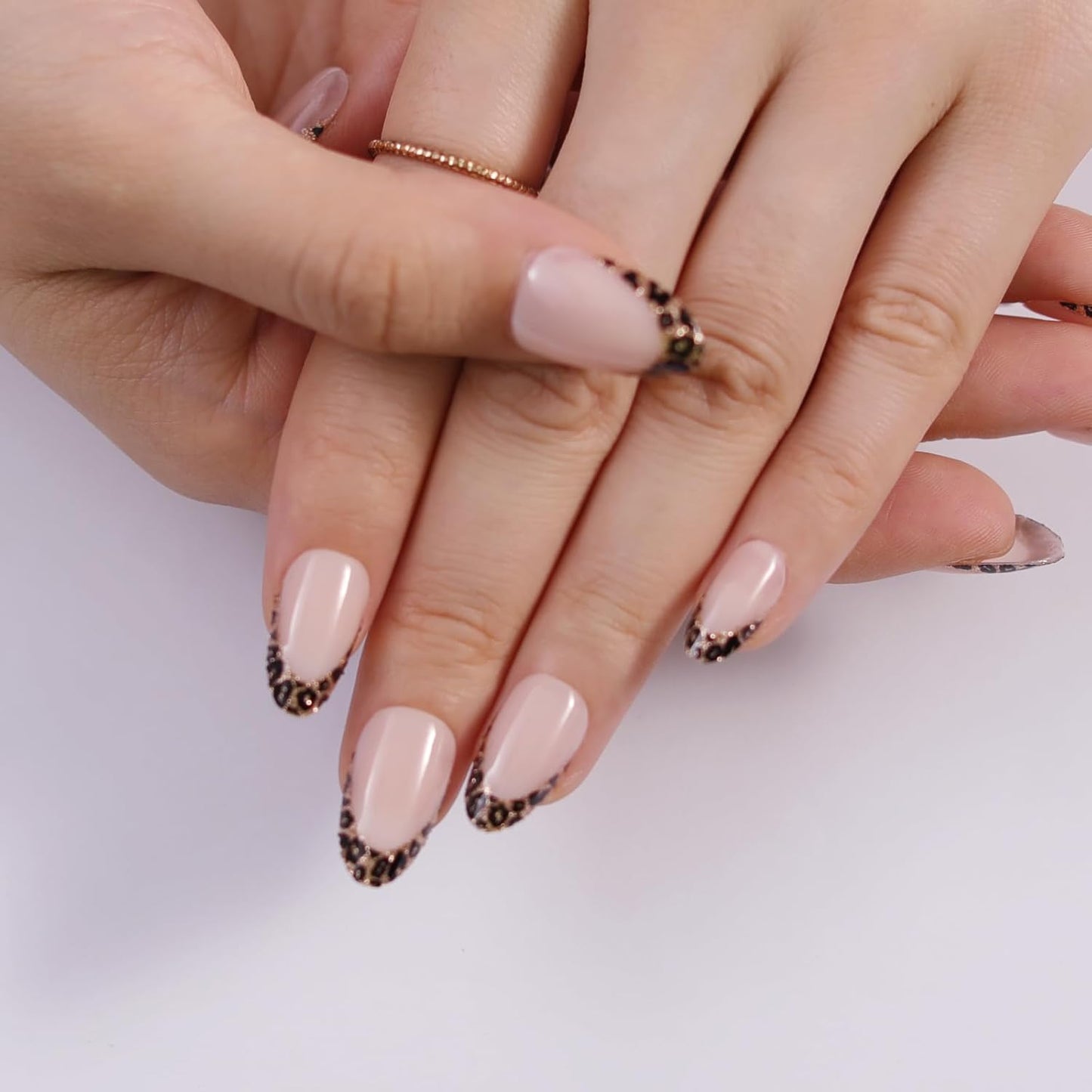 Nude Leopard French Tip Press On Nails Almond, Glossy Soft Gel Fake Nails with Nail Glue, 12 Sizes – 24PCS Thick Natural Reusable Glue On Nails for Women