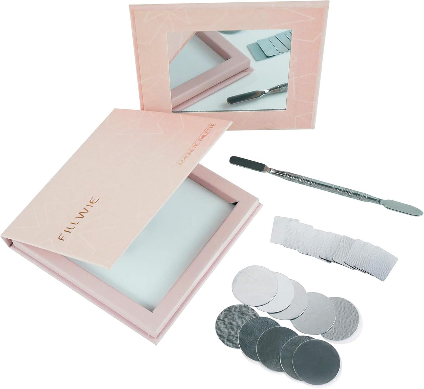 Pink Magnetic Refillable Makeup Palette with Mirror – Lightweight, Durable, Travel-Ready Case for Eyeshadow, Blush, Lipstick – Includes Spatula & 20 Stickers – Small, Waterproof Paperboard