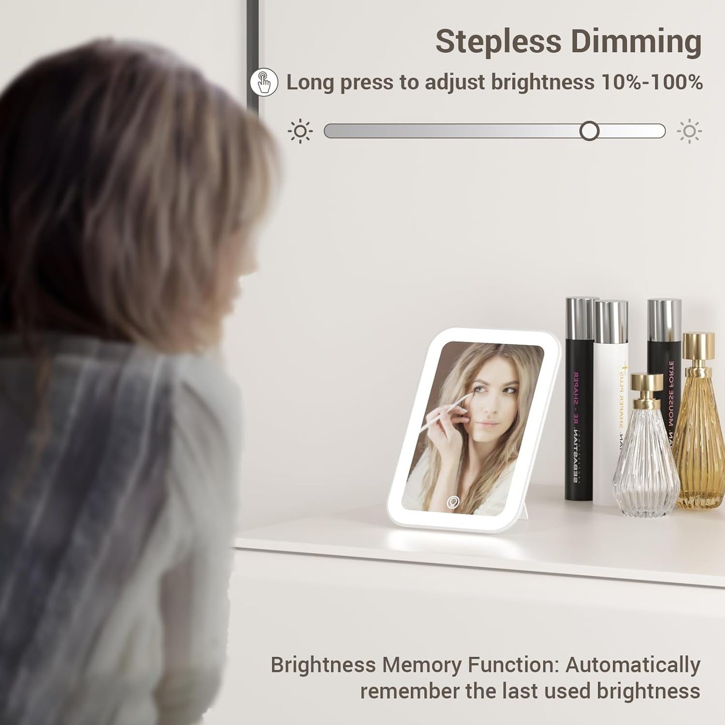 Kintion Travel Makeup Mirror, 6"*4.2" Rechargeable Portable LED Lighted Tabletop Vanity Mirror, 3 Colors Touch Dimmable Compact Mirror for Women Gift, White