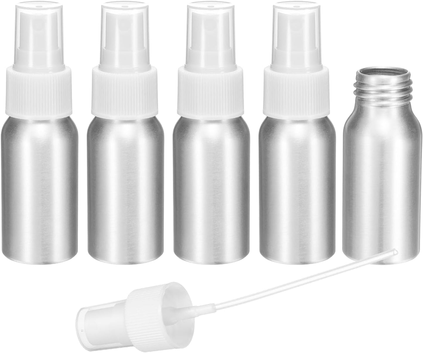 HARFINGTON 5pcs Aluminum Fine Mist Spray Bottles 30ml/1oz Metal Small Liquid Alcohol Refillable Travel Container with White Plastic Nozzle Cap for Perfume Skincare Cosmetic Storage Bottle