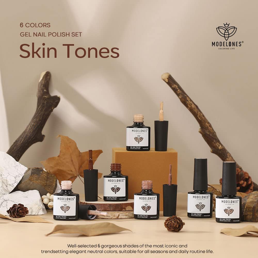 modelones Gel Nail Polish Set, 6 Colors Fall Winter Chocolate Brown Black Nude Glitter Gel Polish Kit Neutral Soak Off Nail Art Salon Design French Manicure DIY at Home Gifts for Women Girls