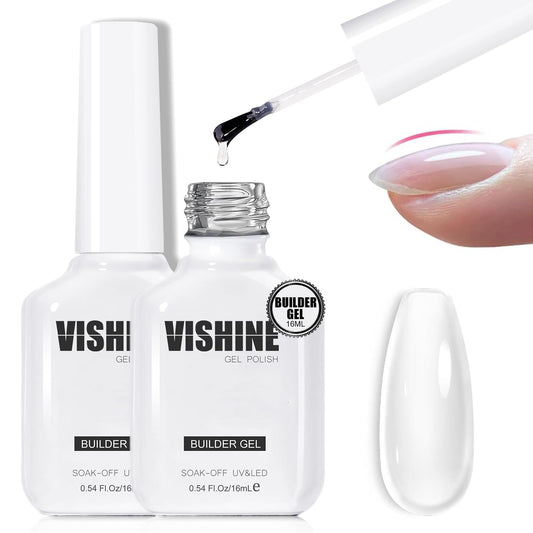 Vishine 2 Pcs Clear Builder Gel 8-in-One Clear Gel Builder for Nail Thickening Natural Nails Transparent Extension Hard Gel Polish Rhinestone Glue for Nail Art Base Coat Needed 16ml