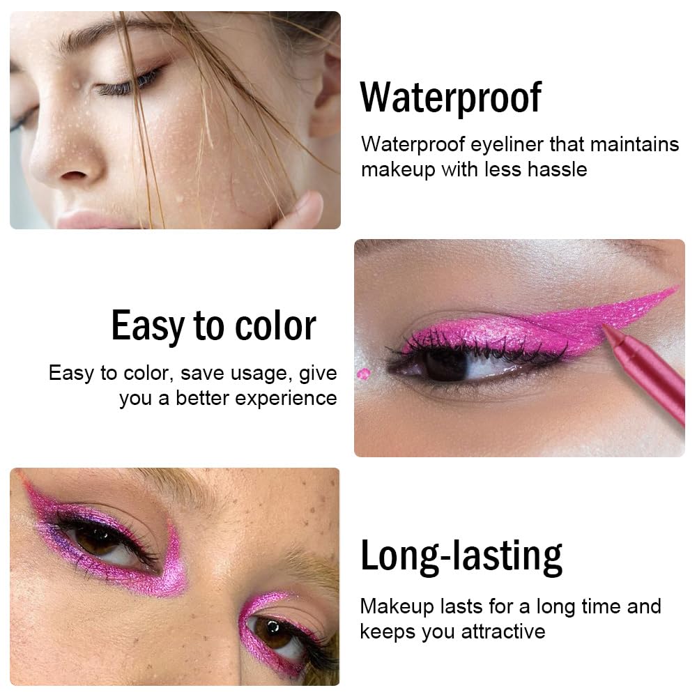 evpct Hot Pink Glitter Eyeliner Pencils for Eyes, Pink Metallic Shimmer Eye Liner Pencil Makeup Waterproof Smudge Proof, Colored Gel Waterline Eyeliner Liquid, Face Eye Paint Stick Halloween Makeup 04