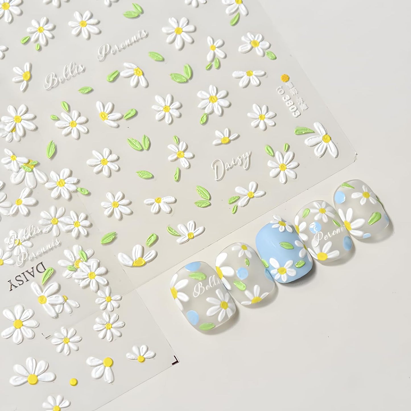 Flower Nail Art Stickers 5D Embossed Self Adhesive Spring Summer Nail Stickers for Nail Art Cute White Daisy Nail Decals Flower Nail Design Decoration Accessories for Women and Girls