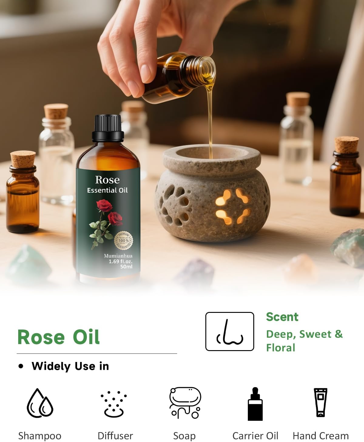 Mumianhua Rose Essential Oils 100% Pure, Therapeutic Grade Rose Oil for Diffuser, Skin Care, Aromatherapy & Home Crafting,Candles Making1.69 Fl Oz