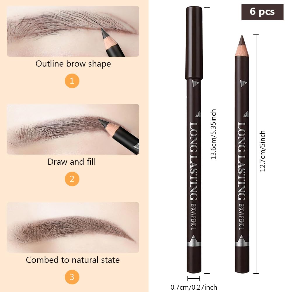 6Pcs Eyebrow Pencils for Women, Wooden Hard-Core Dark Brown Eyebrow and Eyeliner Pencil, Long Lasting Waterproof and Sweat-Proof, Beginner Makeup Brow Pencil,Create a Natural Eye Brow Makeup