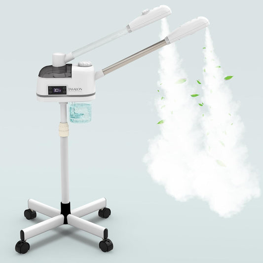 TASALON 2 in 1 Professional Facial Steamer on Wheels -with Ozone and Hot & Cold Mist, Ionic Facial Steamer Kit for Facial Deep Cleaning and Moisturize, SPA & Home, Ozone Face Humidifier (White)