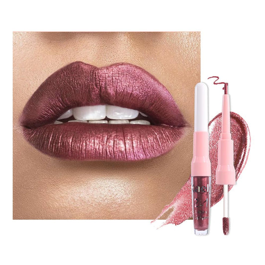 evpct Dark Wine Red Metallic Glitter Lip Liner and Lipstick Combo Lip Gloss Stain Set Makeup for Women Long Lasting Waterproof 24, Mauve Plum Frosted Metallic Shimmer Glossy iridescent Liquid Lipstick