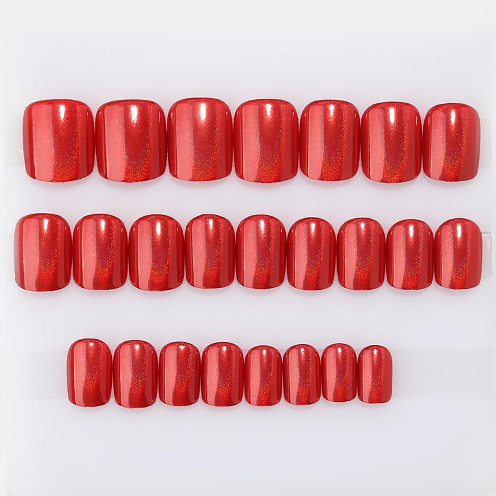 Red Press on Nails Short Square, Chrome Press on Nails, Fashion Gel Fake Nails, Reusable Acrylic Fake Nails, Glossy Stick on Nails, Thick Reusable Glue On Nails for Women, 24Pcs