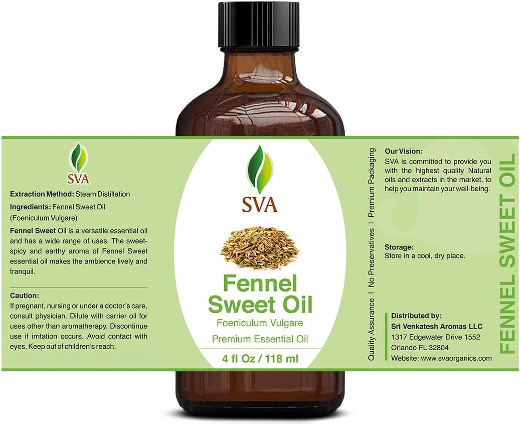 SVA Sweet Fennel Essential Oil – 4 Fl Oz – 100% Natural Fennel Oil - for Diffuser, Hair Care, Face, Skin Care, Aromatherapy, Scalp and Body Massage, Soap and Candle Making – with Dropper