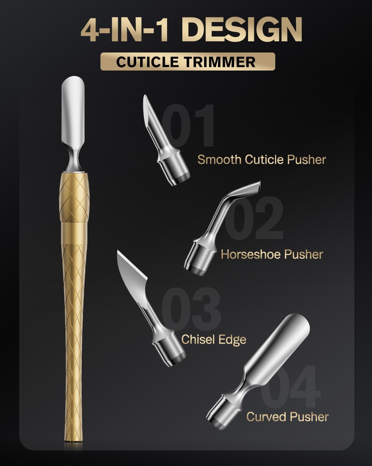 FERYES 4-in-1 Cuticle Pusher Tool-Curved/Smooth/Chisel/Horseshoe Heads + Thread-Lock Handle for Secure Salon Manicures