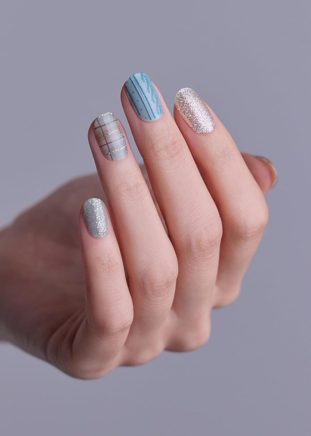 ohora Semi Cured Gel Nail Strips (N Fuzzy Sweater) - Blue & Gray, Works with Any UV/LED Lamps, Salon-Quality, Long Lasting, Easy to Apply & Remove - Includes 2 Prep Pads, Nail File & Wooden Stick