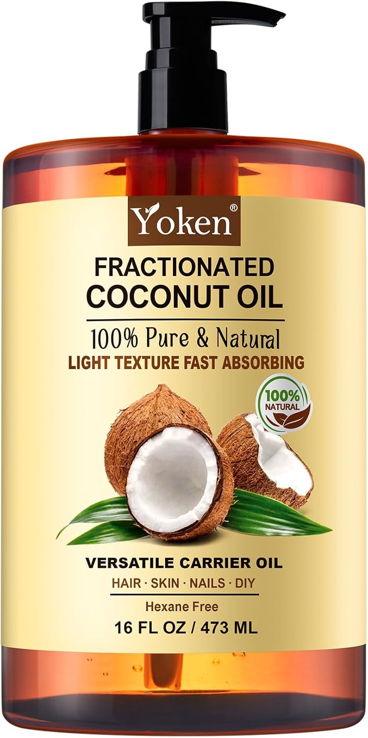 Yoken Fractionated Coconut Oil for Skin 16 Oz, 100% Pure & Natural Liquid Coconut Oil, Moisturizer for Hair, Face, Body, Carrier Oil for Essential Oils Mixing, Massage, Hexane Free, Unscented