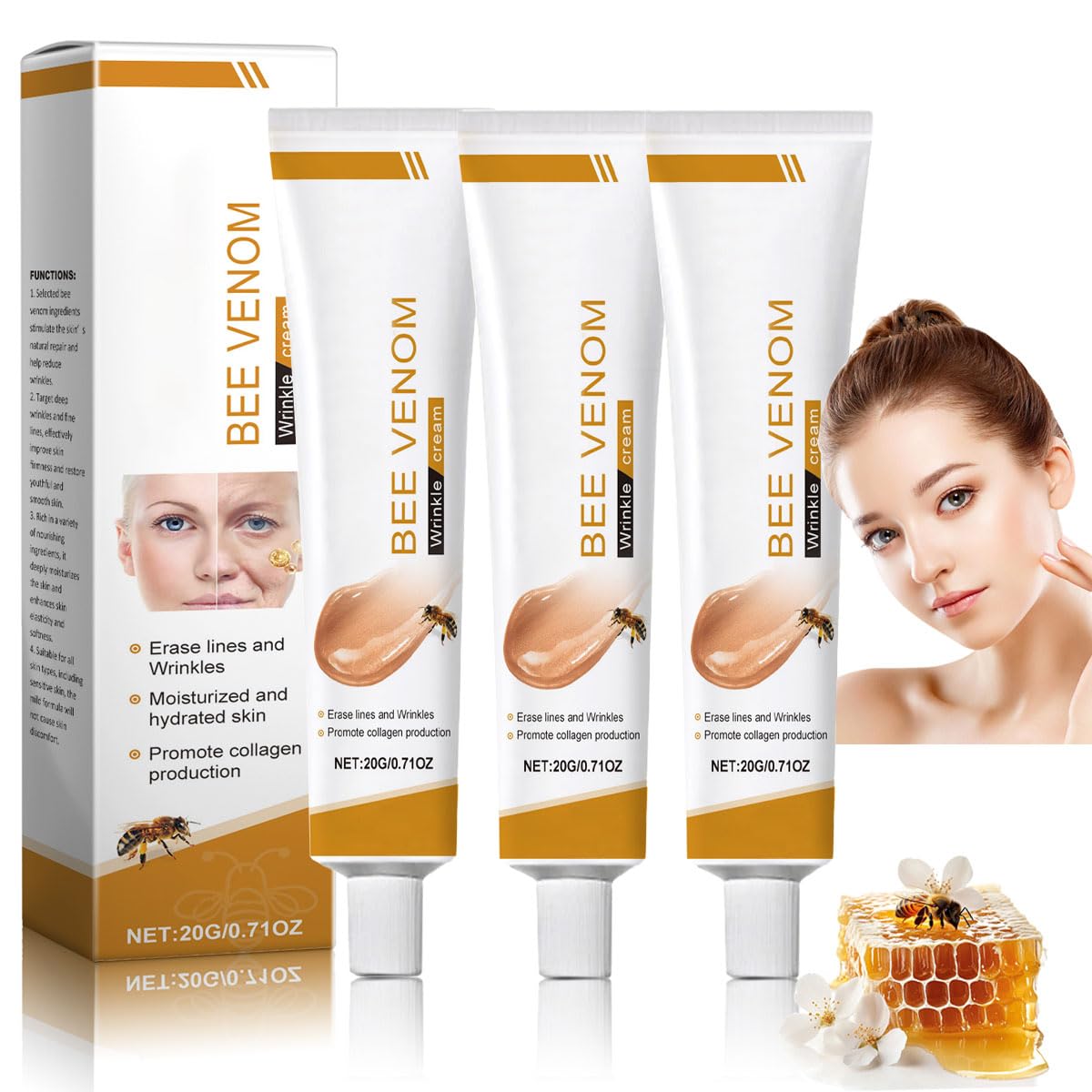 Bee Venom Moisturiser Cream Wrinkle Removal & Firming, Anti-Aging Eye&Face Bee Venom Skin Treatment Cream, Natural And Non-Irritating, Lifting & Recovery For All Skin Type (3 Packs, 60g)