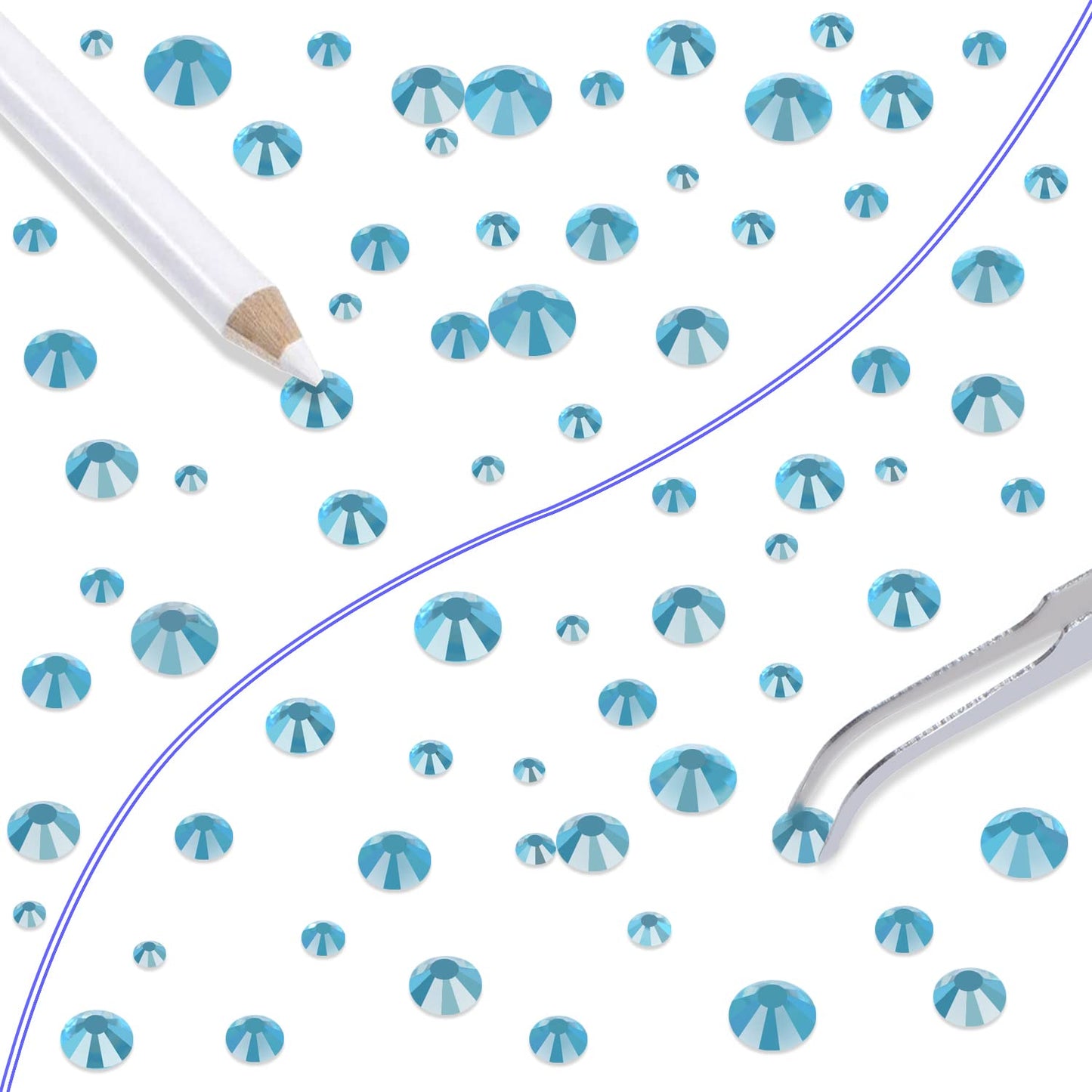 LPBeads 6000 Pieces Lake Blue Non Hotfix Rhinestones 6 Sizes Round Crystal Glass Flat Back Rhinestones with Tweezers and Picking Pen for Nail Art Crafts Clothes Bags DIY