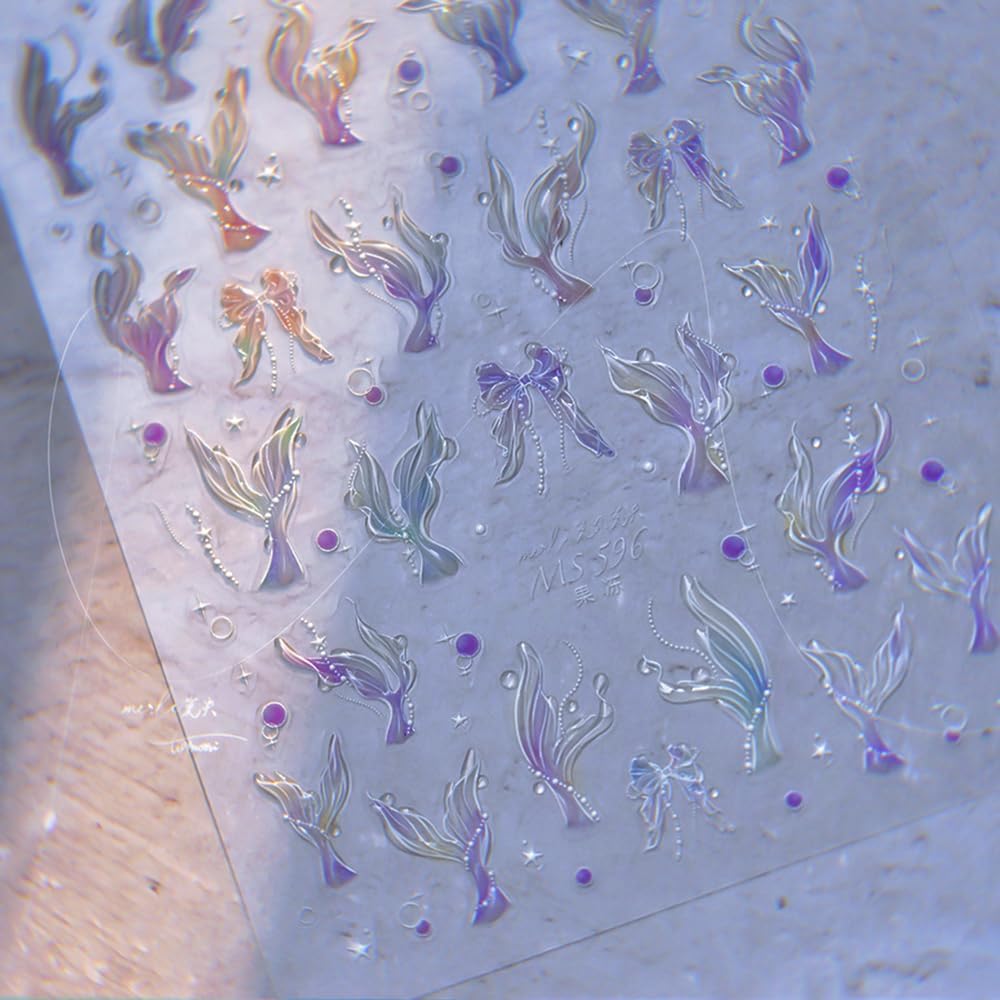 Mermaid Nail Art Stickers Sparkly Fishtail Nail Stickers 5D Embossed Shell Light Style Nail Decals Accessories Mermaid Adhesive Slider Manicure Supplies for Women DIY Decorations