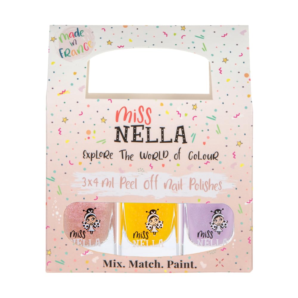 MISS NELLA PIXIE DUST- Peel Off, Odour Free, Water Base & Safe for kids nail polish pack of 3- peach (glitter), lilac & yellow (glitter)