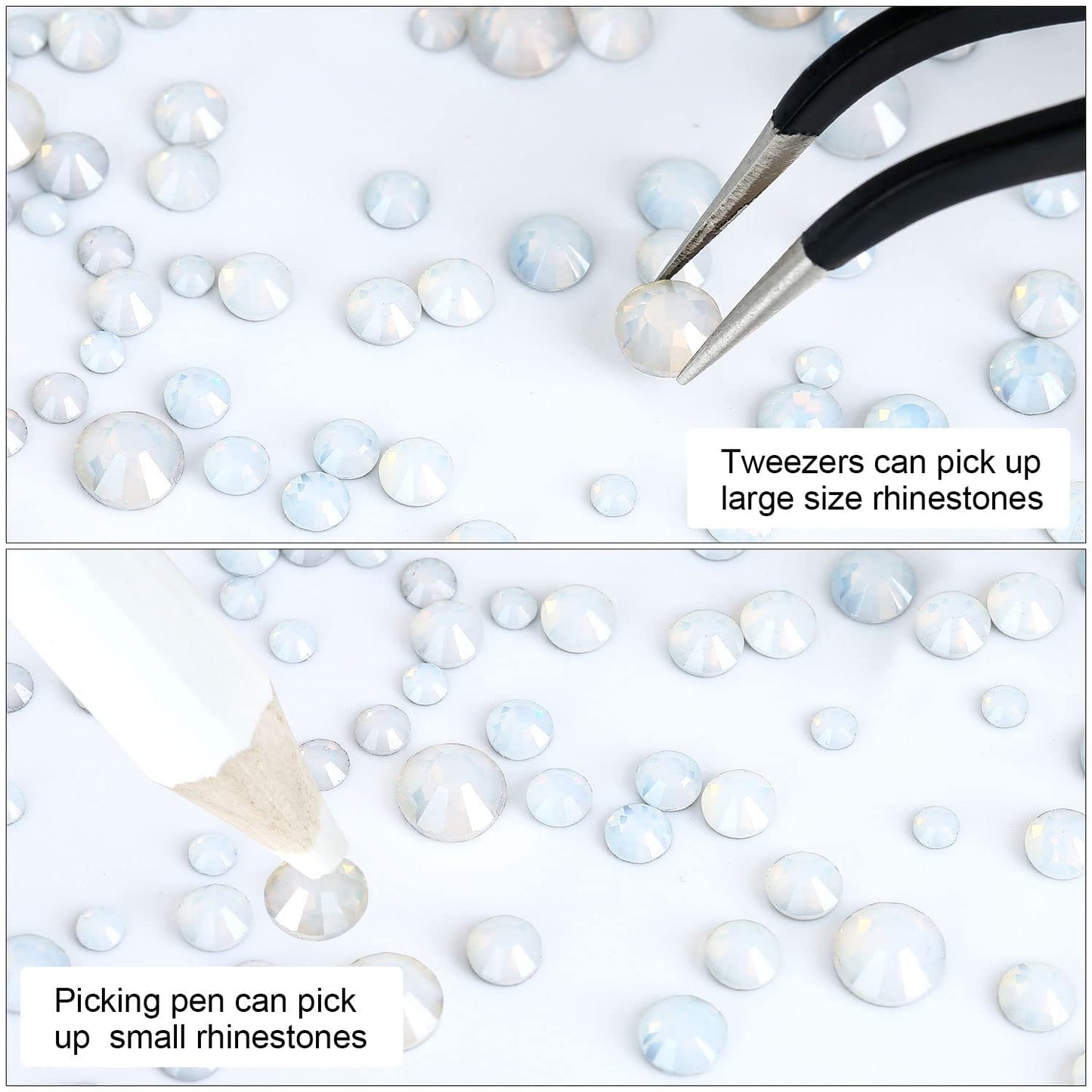 4240Pcs White Opal Flatback Rhinestones 6 Sizes Crystal Diamonds for Nail Art Crafts Clothes Shoes with Tweezers and Picking Pen
