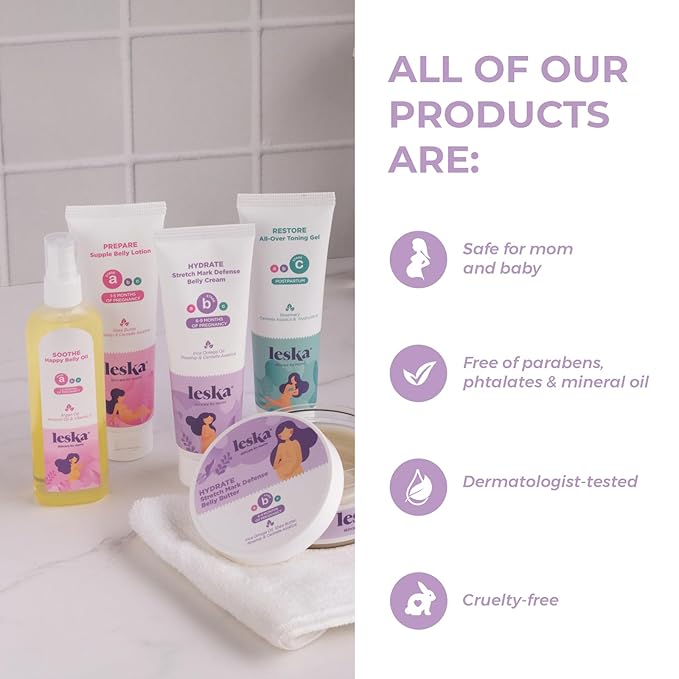 Leska Maternity Stages B & C Set | HYDRATE Belly Cream & RESTORE All-Over Toning Gel | Pregnant Moms Months 6-9 and Postpartum | Part of Complete 3-Part Maternity Skin Care System (Set of 2, 4oz each)