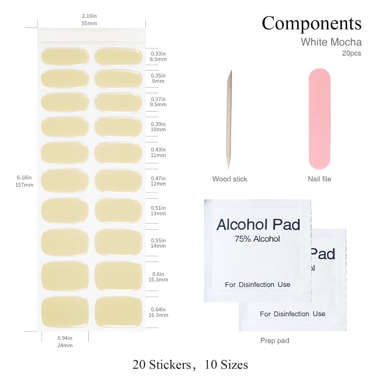 Semi Cured Gel Nail Strips, 20 PCS Gel Nail Stickers Work with UV Light, Salon Quality & Easy to Use - White Mocha