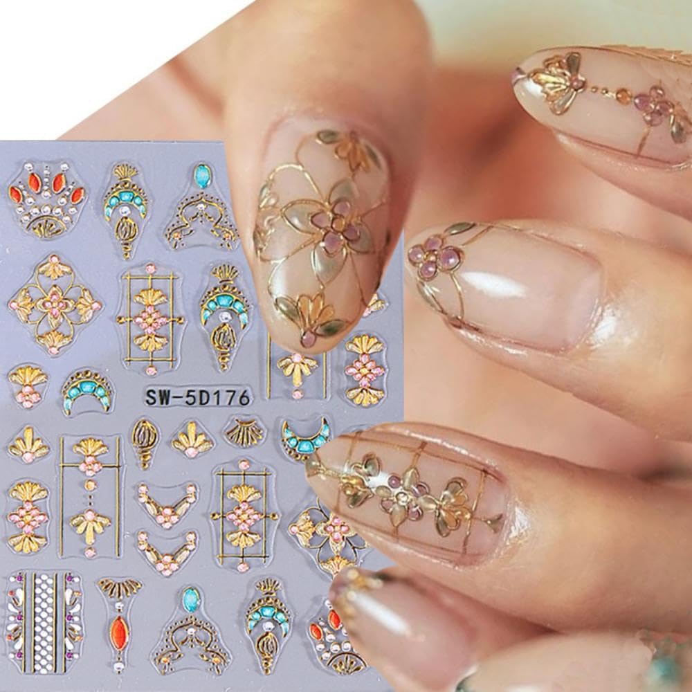 Bohemian Nail Stickers Gold Star Sun Moon Nail Designs Starfish Nail Decals 5D Embossed Gem Lace Lines3D Self-Adhesive Summer Nail Art Decoration for Women DIY Manicure 2 Sheets